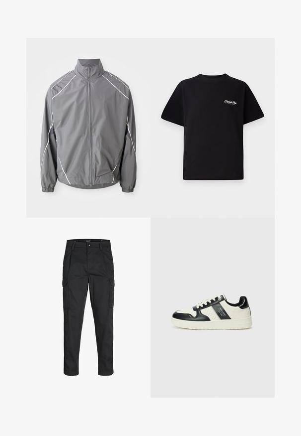 Grå vindjakke med høj krave, frontlynlås og elastiske manchetter. Har hvide detaljer langs skuldrene og mesh-paneler.; Sort bomulds T-shirt med rund halsudskæring, korte ærmer og lille hvid logo tekst på venstre bryst. Enkel design, klassisk pasform.; Sorte cargo-bukser lavet af slidstærkt stof, der har flere lommer, en knaplukning og et slim fit design med smalle ben.; Lædersneakers i sort og creme farveskema, med perforerede detaljer, en polstret krave og en struktureret ydersål.