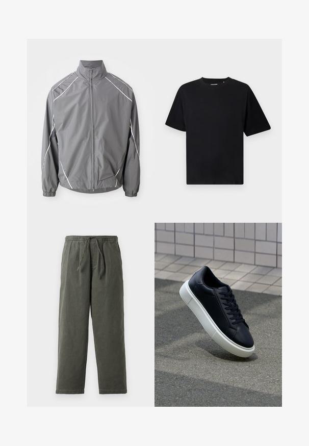 Harmaa tuulitakki, jossa on korkea kaulus, etuvetoketju ja joustavat hihansuut. Ominaisuuksina valkoiset yksityiskohdat harteilla ja verkkopaneelit.; Mustapaita, jossa on lyhyet hihat ja pyöreä kaula-aukko, rentoa istuvuutta. Esillä valkoista taustaa vasten.; Tumman oliivinvihreät, kiristysnyöri-vyötäröhousut, jotka on valmistettu kevyestä kankaasta. Rentoa istuvuutta ja suorat lahkeet, ilman näkyviä taskuja tai koristeita.; Mustat nahkakengät, joissa on pyöristetty kärki ja valkoinen kumipohja. Varusteena litteät nauhat ja minimaalinen ommel ylhäällä. Teksturoitu pohja pitävyyden lisäämiseksi.