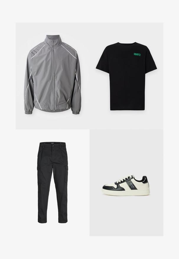 Grå vindjacka med hög krage, framdragkedja och elastiska ärmar. Har vita detaljer längs axlarna och nätpaneler.; Svart t-shirt i bomull med korta ärmar. Har en grön "ROOTS" logotyp på framsidan, rund halsringning och standard passform.; Svarta cargobyxor tillverkade av hållbart tyg, med flera fickor, knappstängning och en smal passform med avsmalnande ben.; Läder sneakers med en svart och krämfärgad färgsättning, med perforerade detaljer, en vadderad krage och en strukturerad yttersula.