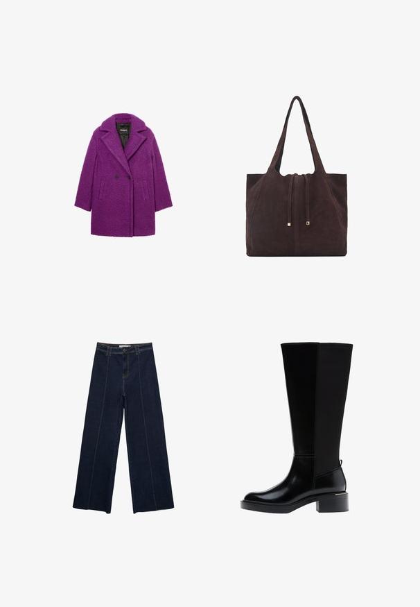 Cappotto viola doppiopetto realizzato in tessuto testurizzato, con colletto a rever e tasche laterali. Etichetta del marchio visibile sull'imbottitura interna.; Top corto a maniche corte color beige con scollo rotondo e texture morbida, caratterizzato da un design aderente che esalta la forma e i contorni.; Pantaloni in denim scuro a gamba larga con cuciture a contrasto, vita alta e taglio dritto. Presentano tasche anteriori e una chiusura classica con bottone.; Stivale nero fino al ginocchio in pelle liscia, con evidenti cuciture, tacco spesso e pannello posteriore testurizzato per un tocco di interesse in più.; Mango Shopping bag - dark brown