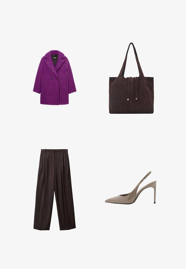 Lila dubbelknäppt kappa i texturerad tyg, med slagkrage och sidofickor. Varumärkesetikett synlig på insidan av fodret.; Tan ribbad topp med kort ärm och rundad halsringning, i en mjuk textur som har en figurnära design som betonar former och konturer.; Breda byxor i mörkbrunt tyg. Funktioner inkluderar veck framtill, en midja med bälten, och sidofickor. Slät textur.; Beiga patenterade läder sandletts med spetsig tå och slankt design, med en tunn hög klack och ett urtag på sidan.; Mango Shoppingväska - dark brown