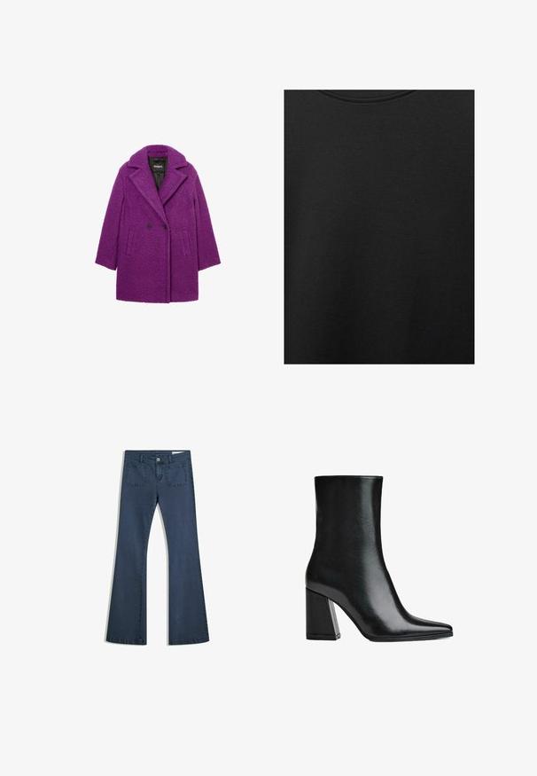 Cappotto viola doppiopetto realizzato in tessuto testurizzato, con colletto a rever e tasche laterali. Etichetta del marchio visibile sull'imbottitura interna.; Tessuto di cotone nero con una texture liscia e scollatura rotonda, caratterizzato da un motivo a grana sottile e uniforme. Nessun logo o accento visibile.; Jeans in denim blu scuro a fiala con tasche cucite, chiusura con bottone e una texture liscia. Presenta un classico design a cinque tasche.; Stivali neri in pelle fino alla caviglia con punta affilata e tacco alto a blocco. Texture liscia con una silhouette elegante e un design di base solido.