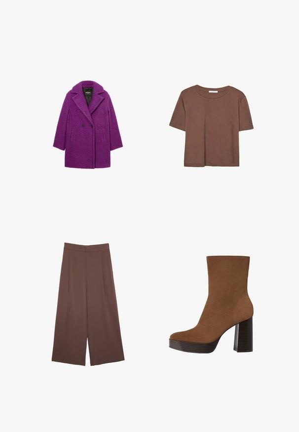 Lila Doppelreiher-Mantel aus strukturiertem Stoff, mit einem Reverskragen und seitlichen Taschen. Markenzeichen auf dem Innenfutter sichtbar.; Braunes, kurzärmliges T-Shirt aus weichem Material mit rundem Halsausschnitt und lockerer Passform. Keine sichtbaren Muster oder Akzente.; Braune Weite-Leg-Hosen mit einer glatten Textur, hoher Taille und Vorderfalten. Der Stoff ist leicht und fällt locker.; Braunes Wildleder-Ankle Boot mit runder Spitze, klobigem schwarz gestreiften Absatz und glatter Oberfläche. Besitzt ein enganliegendes Design ohne sichtbare Beschläge.