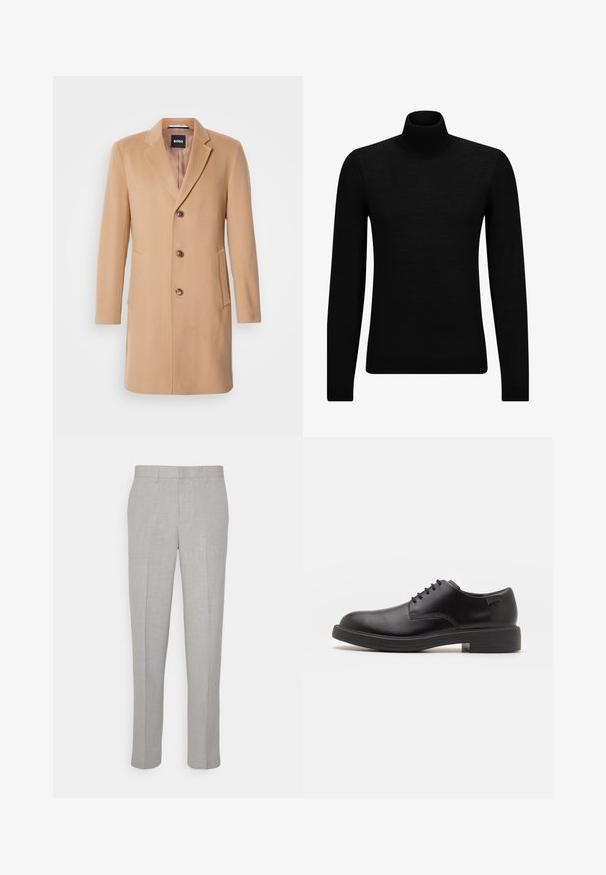 Camel wool-blend coat with a notched lapel, single-breasted closure, three brown buttons, two side pockets, and smooth texture.; Black turtleneck sweater made of soft material, featuring long sleeves and a snug fit. Ribbed trim at the hem and cuffs. Simple design.; Light gray trousers with a smooth texture, flat front, and straight legs. Made of breathable fabric, featuring internal pockets and belt loops.; Black leather lace-up shoe with a rounded toe, smooth texture, minimal stitching, and a low rubber heel. Logo on the heel.