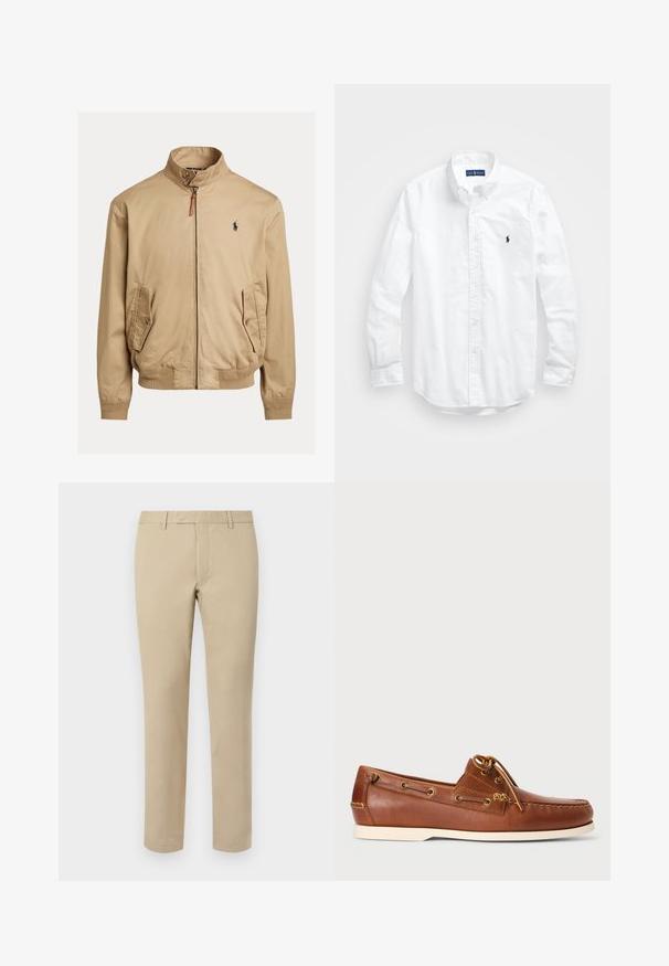 Bežs bomberjakas, kas izgatavots no gludas auduma. Ar stāvošo apkakli, divām sānu kabatām, ribotām piedurknēm un mazu logotipu uz krūšu.; Balta garām piedurknēm pogājamā krekla izgatavots no kokvilnas. Iezīmē klasisku apkakli, poga aproces un mazu tumši zilu izšūtu logo uz krūšu.; Beige kokvilnas bikses ar taisnu griezumu, ar jostu cilpām, plakanu priekšpusi un pielāgotām apakšmalām. Gluda tekstūra un minimāls dizains.; Brūnās ādas laivu kurpes ar auklām, zeltītām acīm un krēma gumijas zoli. Izstrādātas ar paaugstinātu šuvju rakstu uz pirksta.