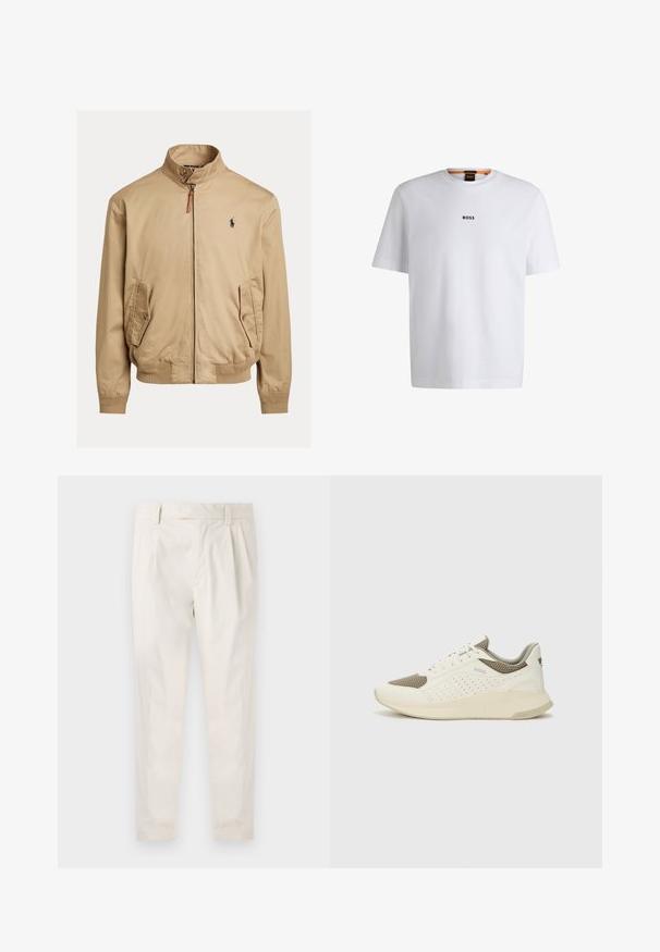 Kreminė bomber stiliaus striukė, pagaminta iš glotnaus audinio. Ji turi pakeltą apykaklę, dvi šonines kišenes, gumuotus rankogalius ir mažą logotipą ant krūtinės.; Balta medvilninė marškinėliai trumpomis rankovėmis, su juodu "BOSS" logotipu, centruotu ant krūtinės, ir apvaliu kaklo dizainu.; Balti, susiūtos kelnes, turinčios pritaikytą siluetą, pasižyminčias lygia tekstūra, dirželio kilpomis ir siaurėjančiomis kojomis. Nėra matomų kišenių ar raštų.; Baltas ir šviesiai bežinis sportinis kedas, su tinklo viršumi, perforuotais detalėmis ir tekstūruotu tarpine su logotipu ant kulno.