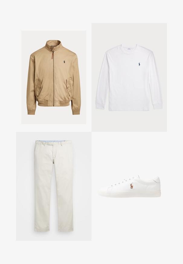 Casaco bomber bege feito de tecido suave. Apresenta um colarinho alto, dois bolsos laterais, punhos canelados e um pequeno logotipo no peito.; Camisola de manga longa branca feita de algodão. Apresenta um decote redondo, punhos canelados e um pequeno logótipo de polo azul-marinho no lado esquerdo do peito.; Chinos de algodão bege com frente plana, passantes para cinto e bolsos laterais. Design de perna reta com uma textura suave e uma sensação leve e respirável.; Sapatilhas de couro brancas, design de cano baixo, com textura suave, biqueira redonda, atacadores à frente e um pequeno logótipo bordado na lateral.