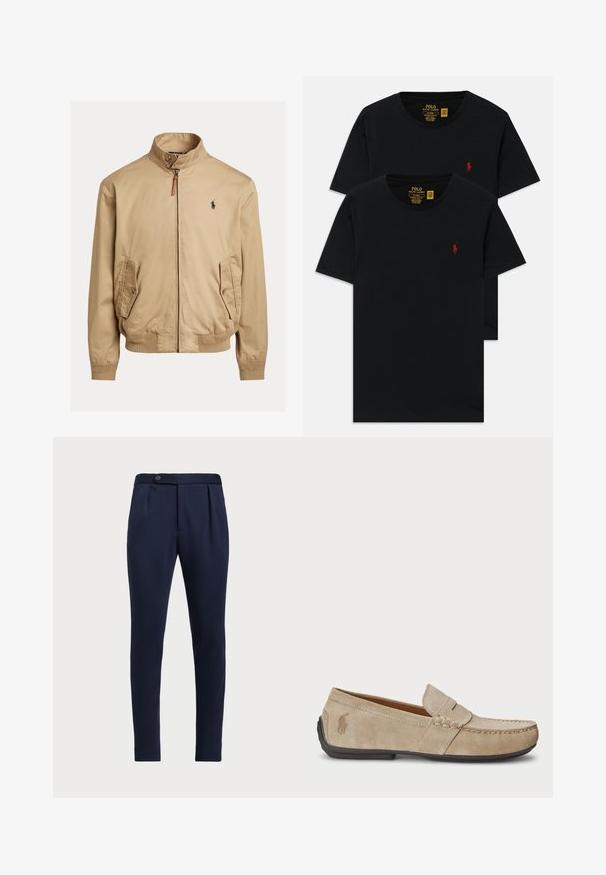 Beżowa bomberka wykonana z gładkiego materiału. Posiada stójkę, dwie boczne kieszenie, ściągacze na mankietach oraz małe logo na klatce piersiowej.; Czarne bawełniane t-shirty z okrągłym dekoltem w zestawie dwóch sztuk, z małym, czerwonym haftowanym logo na piersi. Niestandardowy, dopasowany krój.; Granatowe eleganckie spodnie z płaskim przodem, dwoma fałdami z przodu i pojedynczym zapięciem na guzik, wykonane z gładkiego, teksturowanego materiału.; Beżowe zamszowe loafersy z przeszyciem, płaską gumową podeszwą i małym logo po boku. Klasyczny model wsuwany, miękka faktura.