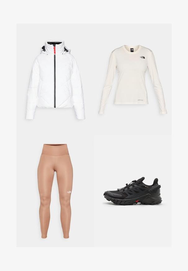 Balta paminkštinta striukė su aukštu apykakle, juodu užtrauktuku ir raudonomis detalėmis. Deimanto rašto siuvimas, gali atsiskleisti su reguliuojamomis virvutėmis.; The North Face SHADOW LONG SLEEVE - Ilgarankovis viršutinės dalies drabužis - white dune; Aukšto liemens, prigludę leggingai šviesiai rudos spalvos. Pagaminti iš lygaus, tamprios medžiagos su baltu logotipu kairėje šlaunyje.; Juodi sportiniai batai su tekstūruota viršutine dalimi, turintys saugų raištelių sistemą, paminkštintą pado dalį ir ryškų raudoną akcentą šone.