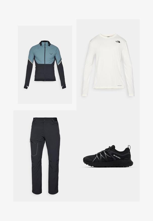 Dynafit ALPINE HYBRID JACKET - Outdoorjacke - atlantic; Weißes Langarmhemd mit Rundhalsausschnitt, strukturierter Stoff, schwarzes Logo auf der linken Schulter und dezente Markenkennzeichnung am unteren Rand.; Schwarze Outdoor-Hosen mit einem Reißverschlusstaschen an den Oberschenkeln, elastischem Bund und glattem, wasserabweisendem Stoff. Sauberes Design ohne sichtbare Logos.; Schwarzer Sportschuh mit strukturiertem Mesh-Obermaterial, reflektierenden Akzenten, dicker Gummisohle und elastischen Schnürsenkeln. Columbia-Logo an der Seite sichtbar.