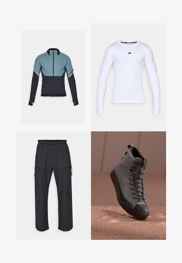 Dynafit ALPINE HYBRID JACKET - Outdoorjakke - atlantic; Hvid langærmet atletisk skjorte lavet af strækstof, med rund halsudskæring og et sort Adidas-logo på brystet.; Sorte cargo bukser med elastisk talje, to lynlåslommer og et let, glat stof.; Højhælede sneakers i grå læder med en tekstureret finish, sort gummi tåhætte og grå snørebånd. Har en trækflig ved hælen.