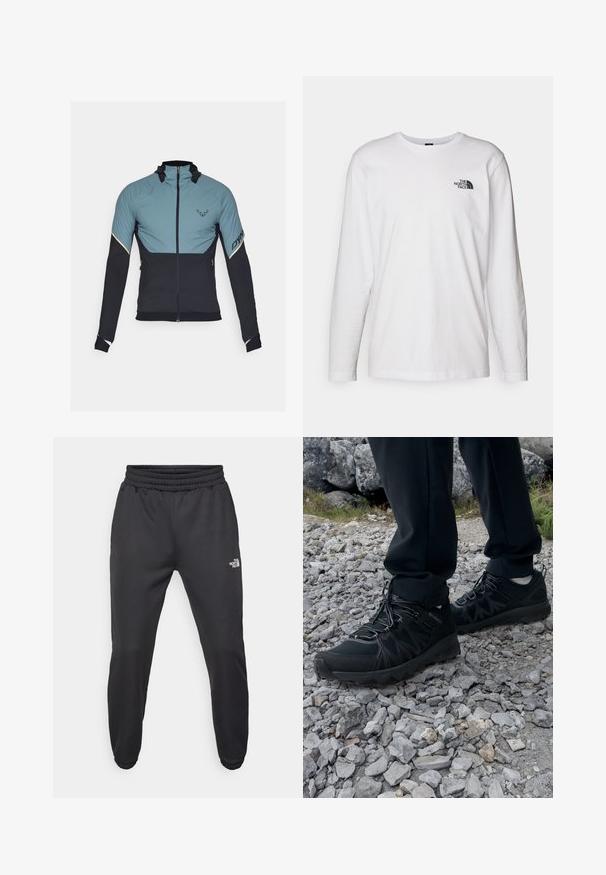 Dynafit ALPINE HYBRID JACKET - Outdoorjakke - atlantic; Hvit langermet T-skjorte laget av bomull med rund hals. Har en liten svart logo på brystet. Glatt tekstur, vanlig passform.; Sorte joggebukser med snor i livet, tettsittende passform, elastiske mansjetter og en liten hvit logo på venstre lår, laget av glatt materiale.; Sorte utendørssko i svart med mesh og syntetisk materiale, med en teksturert overdel, sikret snøresystem og en robust såle, på steinete terreng.