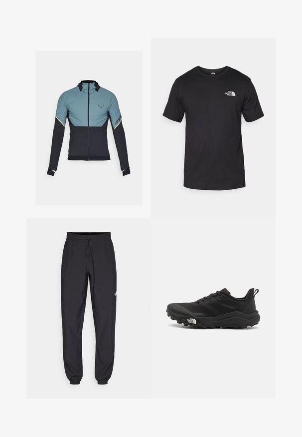 Dynafit ALPINE HYBRID JACKET - Āra jaka - atlantic; Melna īsām piedurknēm T-krekls, kas izgatavots no kokvilnas, ar apaļu dekoltē un nelielu baltu logotipu augšējā kreisajā krūtīs.; Melni sporta bikses, kas izgatavotas no viegla auduma, ar savelcamu jostu, sānu kabatām un sašaurinātiem apakšējiem galiem pie potītēm.; Melnas taku skriešanas kurpes ar teksturētu virsu, gumijas zoli un pastiprinātu pirkstu daļu. Aprīkotas ar mīkstu apkakli un vilkšanas cilpu, lai viegli uzvilktu.
