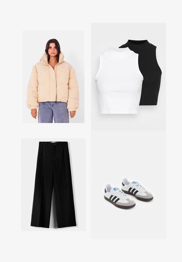 Beige kort puffjacka gjord av fluffigt sherpa-material, med en enfärgad tan övre del, dragkedja och elastiska ärmslut.; Två ärmlösa ribbade polotröjor i svart och vitt, med en figursydd design och slät textur, i en kortad längd.; Svarta vida byxor i lätt material, med knappstängning fram och platt front, samt väl sydda fållar.; Sportskor med överdel i vit läder, grå mocka på tårna och tre svarta ränder. Har en blå logotyp på tungan och en texturerad gummisula.