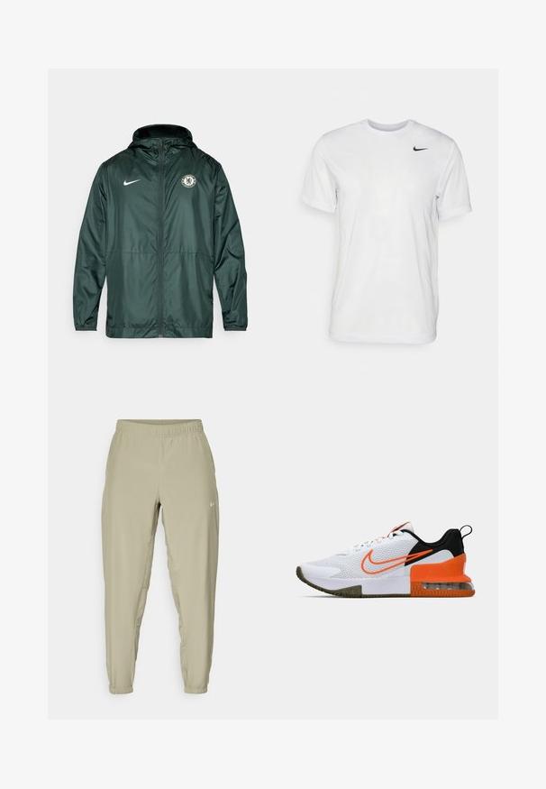 Zöld Nike dzseki cipzáros záródással, kapucnival és a Chelsea FC logójával a bal mellen. Rugalmas mandzsettákkal és sima textúrával rendelkezik.; Fehér, rövid ujjú póló, sima anyagból készült. Kerek nyakkivágással és egy kis fekete Nike logóval rendelkezik a bal mellen.; Világos bézs színű sportos nadrág, rugós derékkal, passzos bokákkal és oldalsó zsebekkel. A elülső részen egy kis fehér logó található.; Fehér sportcipő, texturált hálós felsőrésszel, fekete és narancssárga részletekkel, vastag gumitalppal és átlátszó levegőpárnával a sarkán.