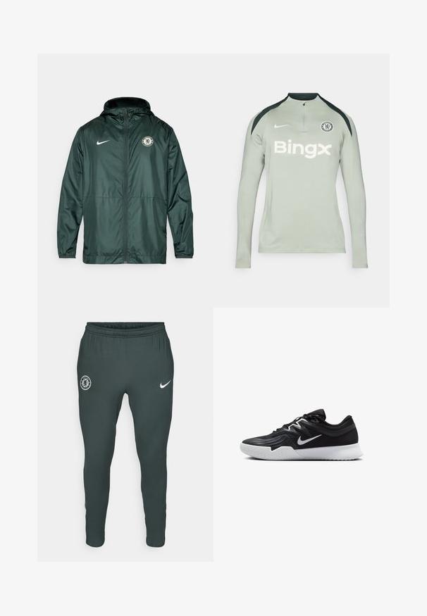 Grønn Nike-jakke med glidelås, hette og Chelsea FC-logo på venstre bryst. Har elastiske mansjetter og en glatt tekstur.; Langermet, lys grå treningsskjorte med svarte skulderdetaljer, glidelås hals, Nike-logo og 'Bingx'-tekst på forsiden. Chelsea FC-emblem til stede.; Mørkegrønne treningsbukser med elastisk midje, som har Chelsea FC-logo på venstre lår og hvit Nike-svulst på høyre.; Svart treningssko med teksturert overdel, hvit Nike-swoosh og hvit gummisåle. Har snøring og en dynamisk form.