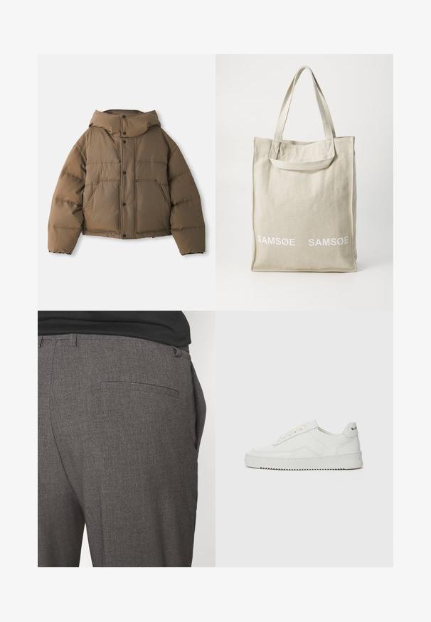 Brun puffjacka med huva, med en zippered front, fyra framfickor och en kortad design. Slät textur med vadderad isolering.; Grå stickad tröja med krage, tre knappar fram och ribbad nederkant. Tyget verkar mjukt och texturerat, med en avslappnad passform.; Vit bomulls t-shirt med korta ärmar, rund hals och avslappnad passform. Har en liten sidomärke-logotyp. Slät textur.; Grå skräddarsydda byxor med en jämn yta, med en bakficka och en smal passform. Tyget har ett subtilt mönster.; Vita lädersneakers med en jämn yta, rund tå, platta snörningar och en strukturerad sula. Har en diskret logotyp på hälen.; Ljus beige canvas tote-väska med dubbla handtag, med "SAMSOE"-logotypen tryckt i vitt på framsidan. Rektangulär form med enkel design.