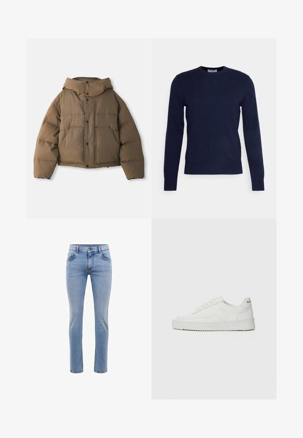 Rudas pūkuotas džemperis su gobtuvu, turintis užtrauktuką priekyje, keturis priekinius kišenius ir trumpą dizainą. Lygi tekstūra su paminkštinimu.; Tamsiai mėlynas apvalaus kaklo megztinis, pagamintas iš minkštos medžiagos, su ilgomis rankovėmis ir banguota apatine dalimi. Nėra jokių matomų raštų ar papuošimų.; Šviesiai mėlynos džinsinės kelnės su siauromis kojomis, penkiais kišenėmis ir tiesiomis kojomis. Su užtrauktuku ir diržo kilpomis. Švelnus paviršius.; Balti odiniai sportiniai bateliai su lygia apdaila, apvaliu pirštu, plokščiais raišteliais ir tekstūruotu padu. Pasižymi subtiliu logotipu ant kulno.