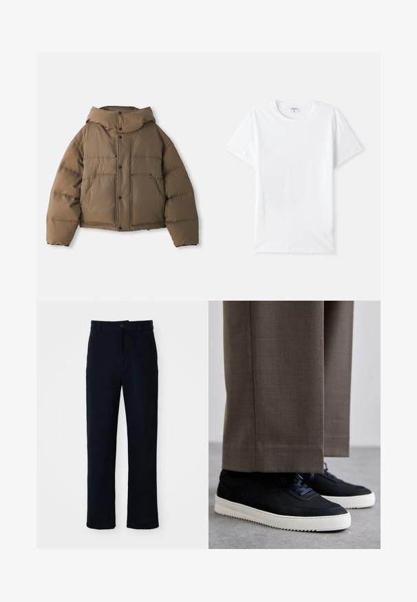 Doudoune marron avec capuche, présentant une fermeture éclair à l'avant, quatre poches sur le devant et un design court. Texture lisse avec isolation rembourrée.; T-shirt en coton blanc, col rond, manches courtes, texture lisse, sans motifs ni accents, design simple, coupe standard.; Pantalon bleu marine en coton, avec une coupe droite, une fermeture à bouton à l'avant et une taille classique avec passants de ceinture.; Baskets en daim noir avec des semelles en caoutchouc blanc, dotées d'un bout arrondi et de lacets, portées avec un pantalon gris sur mesure.