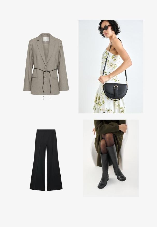 Blazer ajustado de color gris claro con dos botones, solapas de muesca, bolsillos de vivo y un cinturón negro delgado atado en la cintura.; Sudadera marrón hecha de un tejido suave, con una gran capucha, bolsillo frontal y puños y dobladillo acanalados. Diseño simple y casual sin estampados.; Pantalones de pierna ancha negros con una textura suave, que presentan pliegues frontales y un diseño a medida. La tela es ligera y fluida.; Botas de cuero negro hasta la rodilla con puntera cuadrada y tacón de bloque, presentadas con un modelo sentado en un abrigo verde oliva. Textura suave, mínimo detalle.; Bolso de piel negra con forma curva, correa desmontable y herrajes dorados. El bolso cuenta con una solapa con un detalle de hebilla.