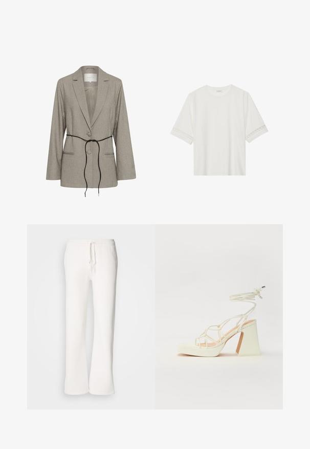 Gai pelēks piegrieztā žakete ar divām pogām, iegrieztām atlokķēm, kabatām ar atloku un plānu melnu jostas cilpu ap vidu.; Balta īsām piedurknēm T-kreklu, izgatavotu no kokvilnas, ar dekoratīvu mežģīņu apdari ap piedurknēm un apaļu kakla izgriezumu.; Baltas, brīvi pieguļoši sporta bikses, izgatavotas no mīkstas auduma, ar elastīgu jostu un aukliņu, kā arī taisna kāju dizainu.; Baltas augstpapēžu sandales ar masīvu papēdi, ar siksnu dizainu un potītes saistītiem elementiem. Gluda tekstūra ar platformu priekšpusē, lai nodrošinātu papildu augstumu.