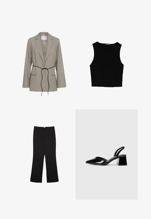 Světloměkký šitý blazer se dvěma knoflíky, klopy s výstřihy, kapsami a tenkým černým opaskem uvázaným v pase.; Černý bezsleeve crop top vyrobený z hladké tkaniny, s kulatým výstřihem a čistým, jednoduchým designem bez vzorů nebo kovových doplňků.; Černé kalhoty s rovným střihem, s předními kapsami a bočními rozparky na lemu. Vyrobené z jemné, hladké tkaniny. Vhodné na různé příležitosti.; Černé lakované kožené lodičky na pásku s špičatou špičkou a geometrickým blokovým podpatkem. Vyznačují se elegantním, minimalistickým designem a hladkým povrchem.