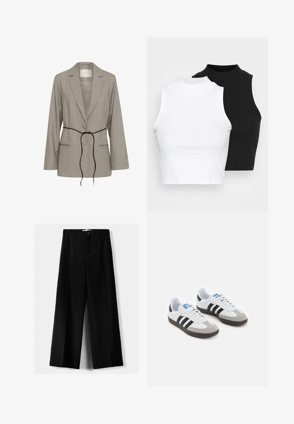 Giacca sartoriale grigia chiara con due bottoni, rever a punta, tasche a filetto e una sottile cintura nera legata in vita.; Due top in maglia senza maniche, a collo alto, in nero e bianco, con un design aderente e una superficie liscia, di lunghezza cropped.; Pantaloni neri a gamba larga realizzati in tessuto leggero, caratterizzati da una chiusura frontale con bottone e frontale piatto, con orli cuciti con precisione.; Scarpe sportive con tomaia in pelle bianca, punta in suede grigia e tre strisce nere. Presentano un logo blu sulla linguetta e una suola in gomma testurizzata.
