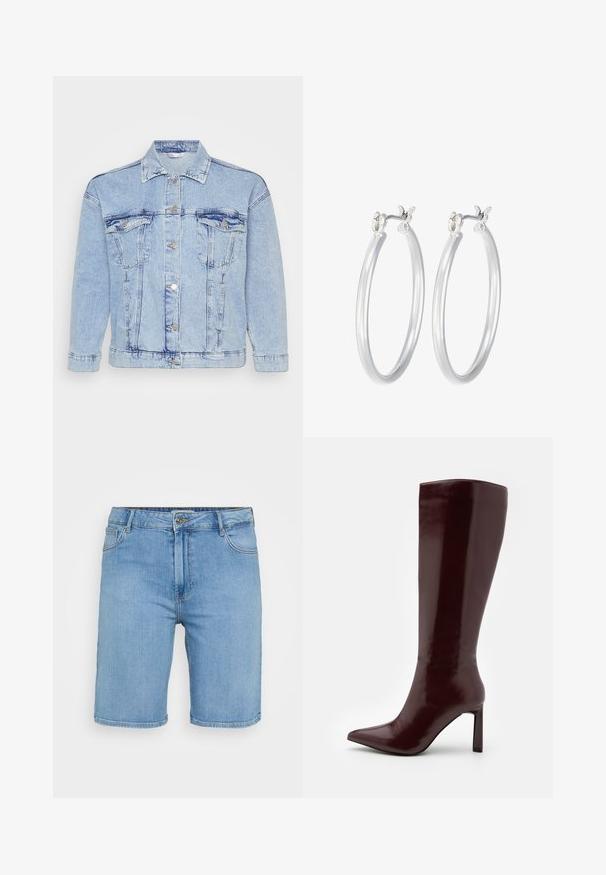 Chaqueta de denim azul claro con cierre de botones en la parte delantera, dos bolsillos en el pecho y un collar clásico. Presenta una textura desgastada y botones metálicos.; Camisa de mezclilla azul claro de manga corta, con dos bolsillos delanteros y adornada con pequeños remaches plateados en toda la prenda.; Shorts de mezclilla azul claro con corte clásico, que cuentan con un cierre frontal de botones, pasadores para cinturón y dos bolsillos laterales. Textura suave y dobladillo recto.; Even&Odd Botas - dark red; Pendientes de aro de plata con un acabado liso y pulido. Forma redonda y cierre de click seguro. Diseño ligero adecuado para el uso diario.
