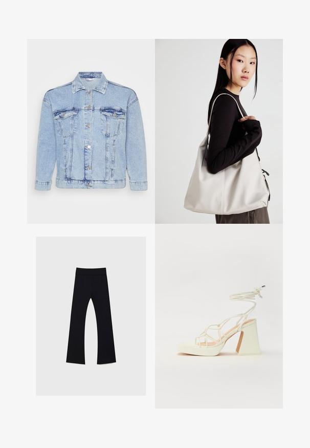 Giacca di jeans azzurro chiaro con chiusura a bottoni, due tasche sul petto e colletto classico. Presenta una texture consumata e bottoni metallici.; Maglietta bianca a maniche lunghe realizzata in tessuto a coste, con scollatura rotonda e orlo dritto. Design semplice e uniforme.; Pantaloni yoga neri con vita alta, realizzati in tessuto elastico, presentano un design a gamba svasata e una superficie liscia in tutto il capo.; Sandalo bianco con tacco alto, caratterizzato da un design a cinturini e un legaccio alla caviglia. Texture liscia con una piattaforma frontale per un'altezza aggiuntiva.; Borsa a mano beige realizzata in materiale morbido, caratterizzata da un design morbido, dettagli cuciti e due manici. Adatta per l'uso quotidiano.