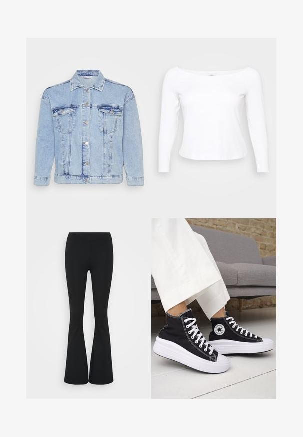 Light blue denim jacket with a button-up front, two chest pockets, and a classic collar. Features distressed texture and metallic buttons.; White long-sleeve shirt with a wide neckline, made of soft, smooth material. Features a fitted design and a cropped hem.; Black flared pants made of stretchy fabric, featuring a high waistband and a smooth texture. The pants flare out from the knee.; Black high-top sneakers with white rubber soles and laces. Features a round logo patch and contrasting white stitching. Canvas material.