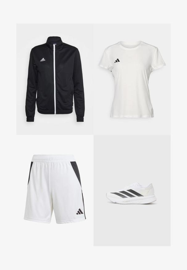 Zwarte ritsjack met hoge kraag, gemaakt van gladde stof. Bevat een witte rits en het 'adidas'-logo in het wit op de linkerborst.; Witte sportieve T-shirt van vochtafvoerende stof. Korte mouwen, ronde hals, met zwart logo en drie-strepenembleem op de linkerkant van de borst.; Witte sportshorts met een zwart zijpaneel, gemaakt van lichtgewicht stof. Heeft een elastische tailleband en een zwart Adidas-logo op het onderbeen.; Witte sportschoen met zwarte diagonale strepen, bovenwerk van gaas, ronde neus en gestructureerde zool. Accenten zijn onder andere een zilveren hak en een minimalistisch ontwerp.