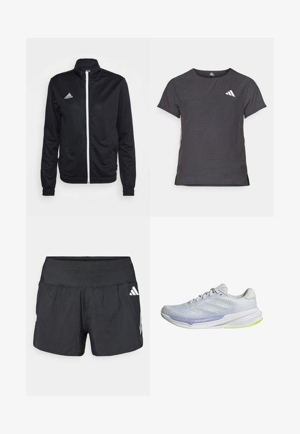 Czarna kurtka na zamek z wysokim kołnierzem, wykonana z gładkiego materiału. Posiada biały zamek błyskawiczny oraz biały logo 'adidas' na lewej piersi.; Koszulka sportowa z krótkim rękawem, ciemnoszara z perforowaną teksturą. Posiada białe logo oraz kontrastowe paski po bokach. Okrągły dekolt.; Czarne spodenki sportowe z szerokim elastycznym pasem, lekkim materiałem i białymi akcentami logo na dolnej stronie.; Białe buty sportowe z oddychającą siateczką, teksturowanym wzorem i lawendowym akcentem. Mają miękką podeszwę z zielonymi detalami na podeszwie.