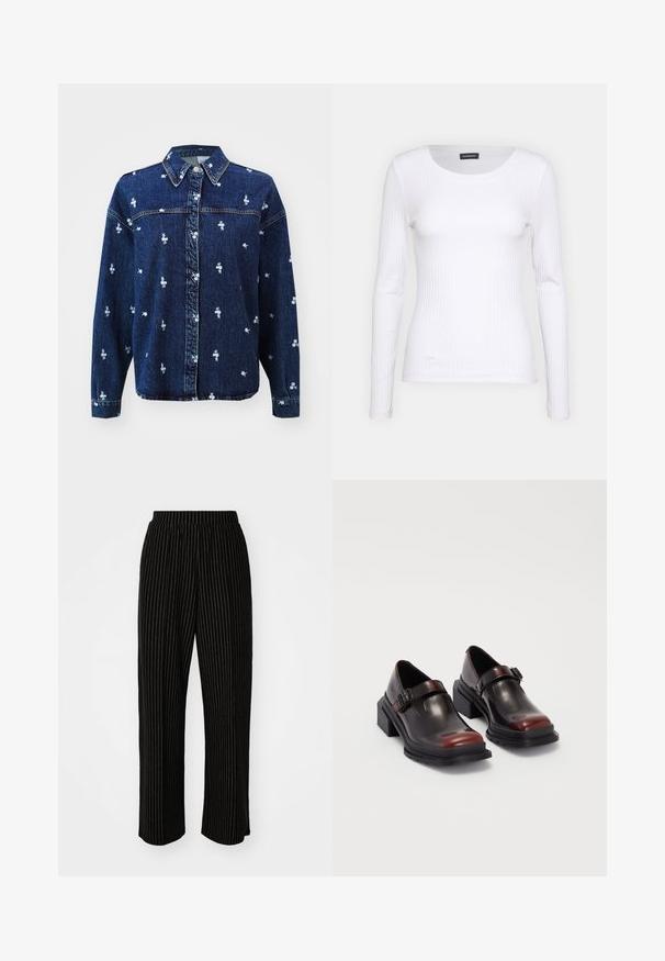 Sötétkék farmerszámú ing, gallérral, fehér virágos hímzéssel, gombos záródással és hosszú ujjakkal.; Fehér bordás, hosszú ujjú felső, kerek nyakkivágással. Rugalmas anyagból készült, amely követi a test vonalát. Finom vízszintes csíkokkal díszített.; Fekete, széles szárú nadrág fehér függőleges csíkozással, rugalmas derékkal a kényelem érdekében és sima, puha textúrával.; Bőr, blokksarkú cipők fényes, sötét burgundi színben, csatpánttal és lekerekített orral. Texturált talp a tapadásért.