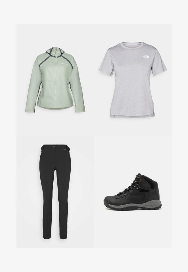 Lichtgroene waterdichte jas met een capuchon, voorzijde met rits en contrasterende donkergrijze naden. Bevat ritszakken aan de zijkant en elastische manchetten.; Grijze T-shirt met korte mouwen, gemaakt van zachte, vochtabsorberende stof. Heeft een ronde hals en een klein wit logo op de bovenste linkerzijde.; Zwarte, strakke broek gemaakt van een flexibel materiaal. Kenmerken zijn onder andere een ritszak aan de zijkant, gebogen knieën en een gladde textuur.; Zwarte wandelschoen met een mid-top ontwerp, voorzien van een gestructureerde bovenkant, grijze accenten en een duurzame rubberen zool met gripnoppen.