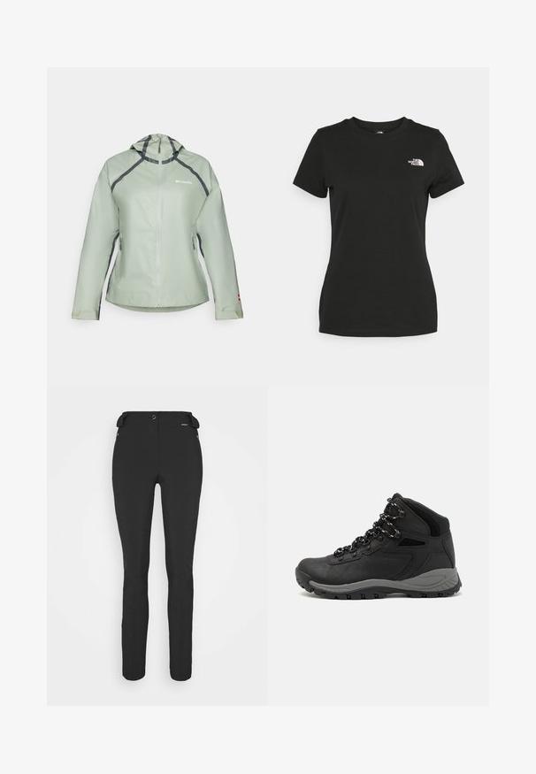 Világos zöld vízálló dzseki kapucnival, elöl cipzárral és kontrasztos sötét szürke varratokkal. Cipzáras oldalzsebekkel és rugalmas mandzsettákkal rendelkezik.; Fekete pamut póló, klasszikus nyakkivágással és rövid ujjakkal. Figyelemre méltó fehér logó a bal felső oldalon. Sima textúra, laza fazon.; Fekete, testhezálló nadrág rugalmas anyagból. Jellemzők: cipzáras oldalzseb, artikulált térdek és sima felület.; Fekete túracipő közepes magasságú kialakítással, texturált felsőrésszel, szürke részletekkel és strapabíró gumitalppal, amelynek tapadós kiemelkedései vannak.