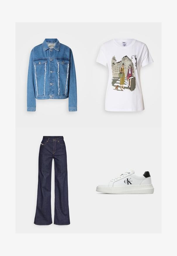 Dongerijakke i lyseblå, med klassisk krage, slitt front, to brystlommer og sølvfargede knapper. Lange ermer.; Hvit bomulls T-skjorte med trykt illustrasjon av to kvinner i urbane motestiler med en hund på et fotgjengerfelt og bybygninger.; Mørkeblå vide jeans i denim med høy midje, med oransje sømmer, fem-lomme-design og knappelukking.; Hvite lavsko med svart hæltab, plattformsåle, snøringer og Calvin Klein "CK" logo på siden.