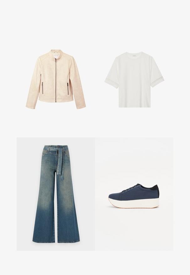Giacca beige in suede sintetico con colletto alla mandarino, chiusura frontale con zip, due tasche laterali con zip e una texture liscia. Presenta una leggera lucentezza.; T-shirt bianco a maniche corte in cotone, con bordi in pizzo decorativi lungo le maniche e scollo rotondo.; Pantaloni in denim a gamba larga con una sfumatura che va dal blu chiaro al blu scuro, vita alta, passanti per cintura e una cintura in tessuto coordinato. Finitura in denim strutturato.; Sneaker blu navy con tomaia in tessuto texturizzato, suola piatta bianca, punta arrotondata e accentuazione nera sul tallone. Presenta sei fori per i lacci.