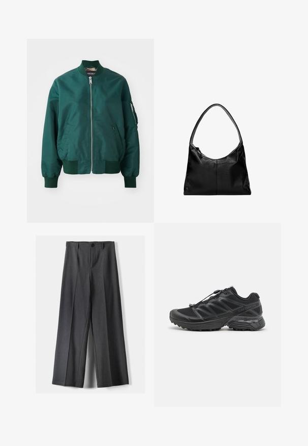 Jachetă bomber de un verde închis, fabricate dintr-un material neted. Se caracterizează printr-un fermoar frontal, manșete ribbate și o buzunar lateral cu fermoar.; Hanorac pulover de culoare gri deschis, realizat dintr-un amestec moale de bumbac. Are o buzunar tip cangur, manșete ribbate și o glugă cu șnur, cu un design minimalist.; Pantaloni evazați din țesătură gri închis, cu închidere cu buton, pliseuri frontale și curea. Textură netedă cu un design ajustat.; Pantofii de alergare negri cu partea superioară din plasă și materiale sintetice, talpă flexibilă și șireturi elastice. Au un intermediar căptușit pentru confort.; Geantă de umăr din piele neagră cu o textură netedă, un vârf curbat și o singură curea. Dispune de un sistem de închidere prin fermoar și un design minimalist.