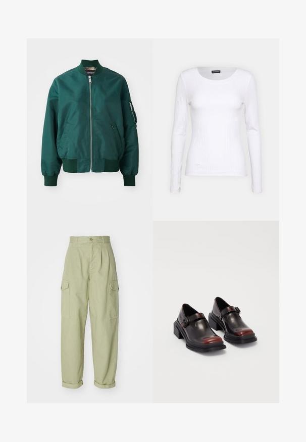 Tumši zaļš bomber jakas izgatavots no gludas auduma. Tam ir priekšējais rāvējslēdzis, ribotas aproces un sānu kabata ar rāvējslēdzēju.; Balts ribots garām piedurknēm krekls ar apaļu kakla izgriezumu. Izgatavots no elastīga auduma, kas pieguļ ķermenim. Iezīmējas ar smalkām horizontālām līnijām.; Gaiši zaļas kravas bikses, izgatavotas no kokvilnas auduma. Tām ir augsts jostasvieta, sarullētas malas un divi sānu kravas kabatas papildu praktiskumam.; Ādas blokveida papēžu kurpes ar spīguļojošu tumši sarkanu apdari, aprīkotas ar sprādzi un noapaļotu purngali. Teksturēts zole labākai saķerei.