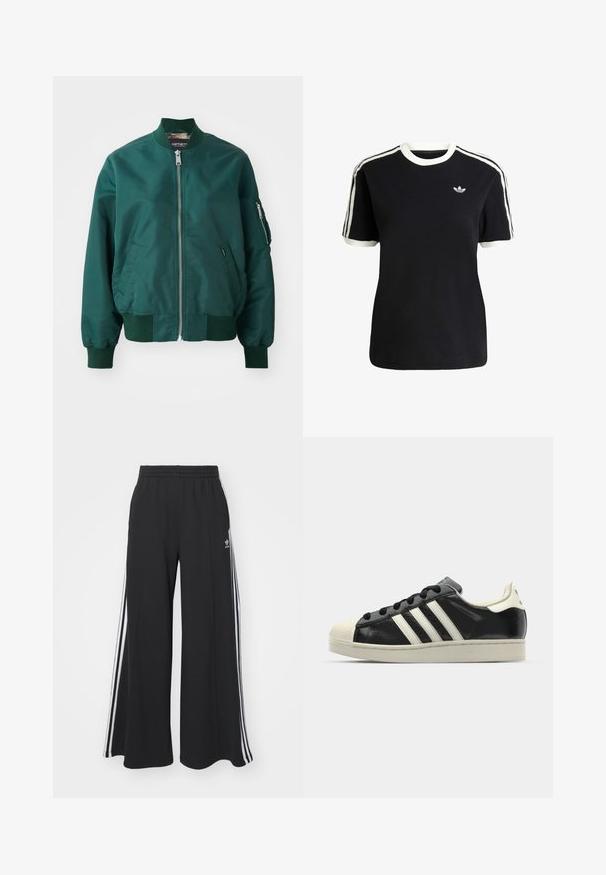 Ciemnozielona kurtka bomberka z gładkiego materiału. Posiada zamek błyskawiczny z przodu, ściągacze na mankietach oraz boczną kieszeń na zamek.; Czarna bawełniana koszulka z białymi akcentami na kołnierzyku i rękawach, z trzema białymi paskami na każdym ramieniu oraz małym logo na piersi.; Czarne szerokie spodnie dresowe z elastycznym pasem, z białymi paskami po bokach i haftowanym logo na lewej udzie.; Czarne skórzane trampki z białymi paskami, gumowym czubkiem, czarnymi sznurówkami i kremową podeszwą. Gładka faktura z połyskującym wykończeniem.