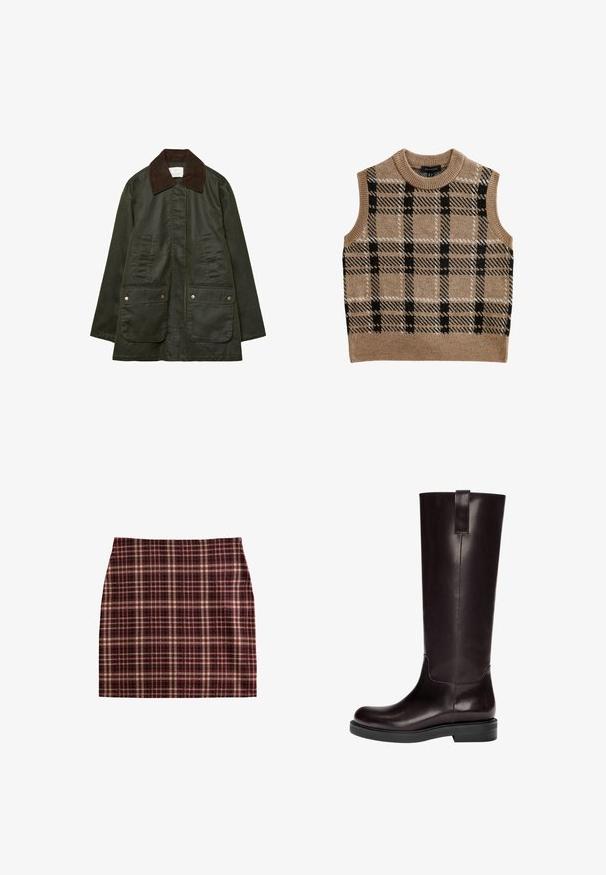 Stradivarius WAXED WITH MULTIPLE - Parka - khaki; Gilet lavorato a maglia color beige con collo rotondo, caratterizzato da un motivo a quadri bianco e nero, design senza maniche e dettaglio con orlo a costine.; Gonna a quadri con una combinazione di colori maroon, beige e nero, design strutturato e una texture liscia con una linea dritta.; Stivali in pelle marrone al ginocchio con texture liscia, punta rotonda e suola piatta in gomma nera. Presentano una cucitura verticale e un occhiello posteriore.
