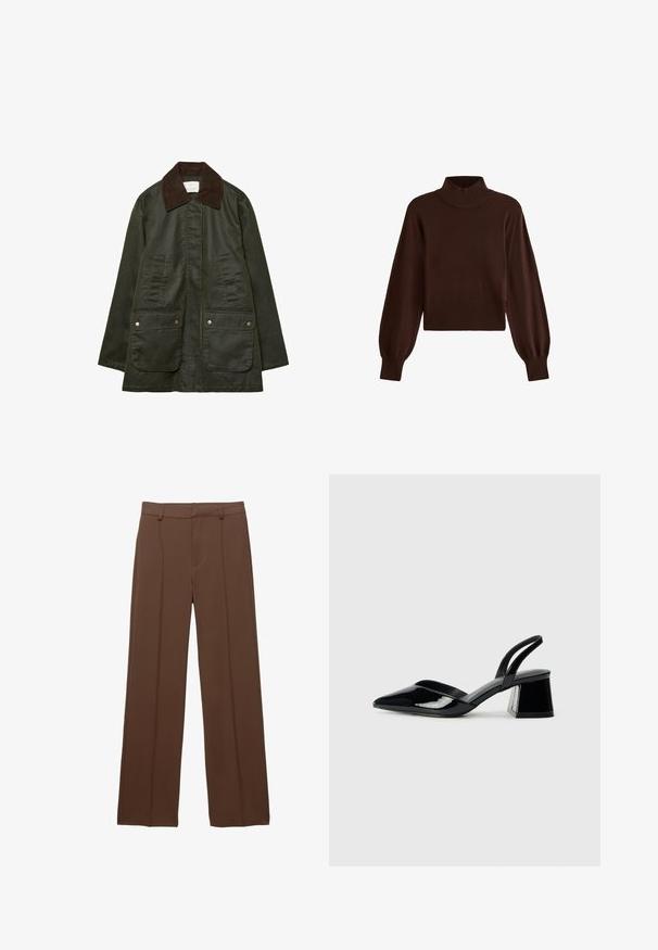 Stradivarius WAXED WITH MULTIPLE - Parka - khaki; Brown knitted sweater with a high ribbed collar and balloon sleeves, featuring a fitted ribbed hem. Soft texture and cropped design.; Brown, wide-leg trousers made from smooth fabric; features lined front pleats and a flat waistband with belt loops.; Black patent leather slingback heels with a pointed toe and a geometric block heel. Features a sleek, minimal design and smooth texture.