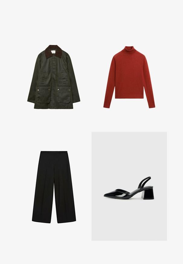 Stradivarius WAXED WITH MULTIPLE - Parka - khaki; Red turtleneck sweater made of soft fabric. Features long sleeves, a fitted neck, and a cropped hem with a smooth texture.; Black wide-leg trousers made of soft fabric, featuring a high waist and pleats, with a smooth texture and no visible embellishments.; Black patent leather slingback heels with a pointed toe and a geometric block heel. Features a sleek, minimal design and smooth texture.