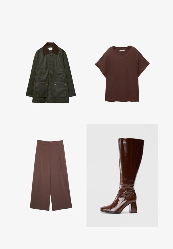 Stradivarius WAXED WITH MULTIPLE - Parka - khaki; T-shirt oversize marron en coton, avec un col rond, des manches courtes et une coupe décontractée. Texture lisse sans motifs visibles.; Pantalons larges marron avec une texture lisse, dotés d'une taille haute et de plis à l'avant. Le tissu est léger et tombe de manière fluide.; Bottes en cuir verni marron jusqu'aux genoux avec un bout carré, finition brillante et un talon épais pour la stabilité. Design sans couture sans matériel visible.