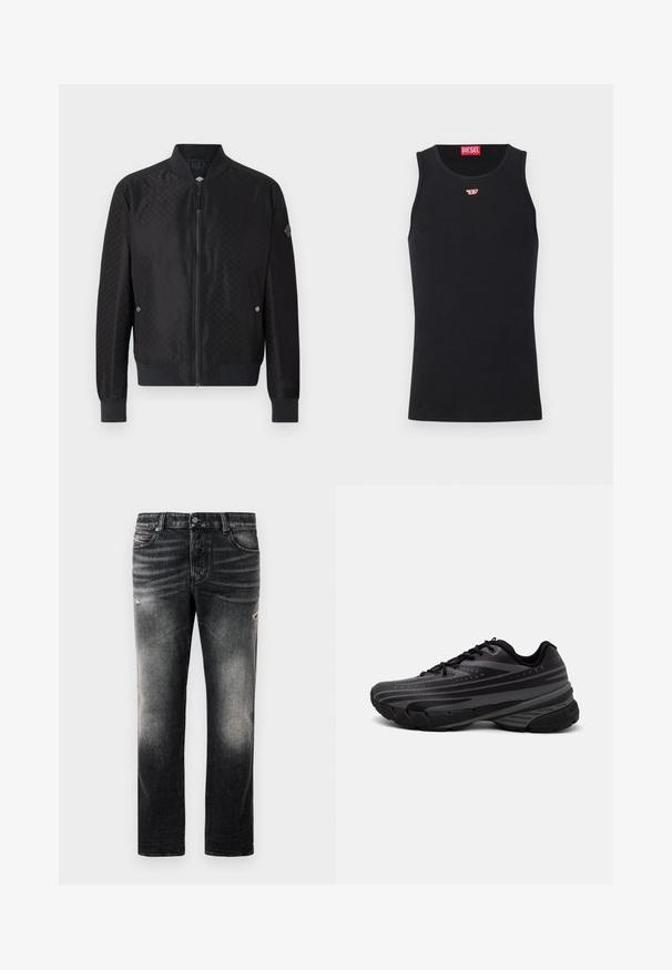 JOOP! ADAMS - Bomber bunda - black; Černý top bez rukávů vyrobený z hladké tkaniny, s kulatým výstřihem, výstřihy pro paže a malým červeným logem na hrudi. Jednoduchý design, bez rukávů.; Černé džíny s vybledlým vzhledem a odřenými detaily, standardní design s pěti kapsami a zipovým zapínáním. Vyrobeny z džínové látky.; Černá běžecká bota s texturovaným svrškem zdobeným šedými pruhy. Silná podešev pro odpružení, kulatá špička a ploché tkaničky pro bezpečné uchycení.