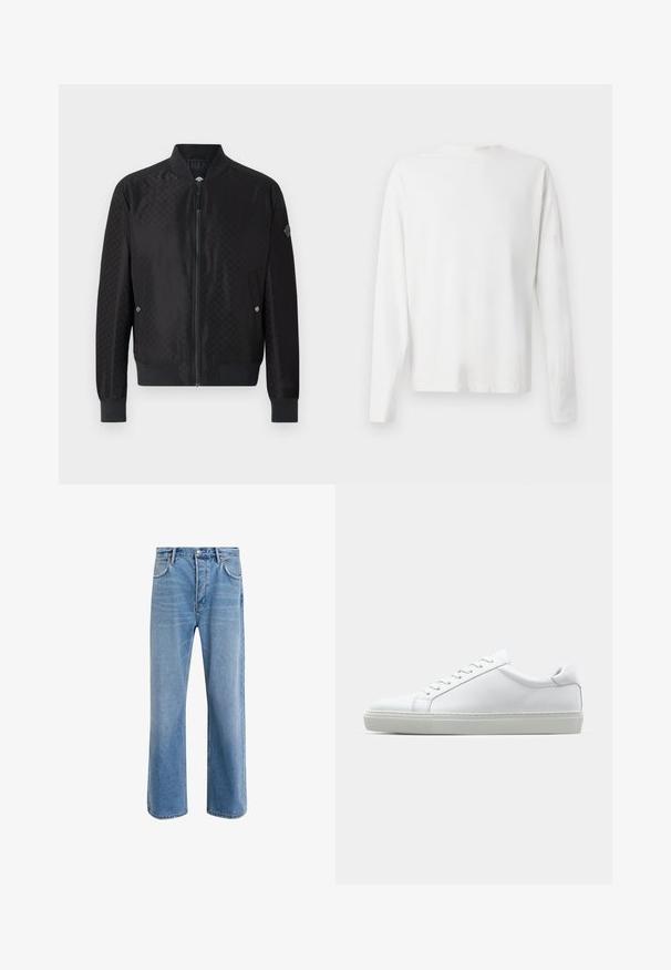JOOP! ADAMS - Bomberjacks - black; Witte katoenen blouse met lange mouwen en een ronde halslijn, met zijsplitten aan de onderkant en een gladde textuur, vanuit de achterkant weergegeven.; Lichtblauwe denim jeans met een straight-leg ontwerp, vijf zakken, knoopsluiting, minimale vervaging en contrasterende stikseldetails.; Witte sneaker met een gladlederen bovenwerk en een laag profiel. Voorzien van een ronde neus, zes vetergaatjes en een gestructureerde rubberen zool.
