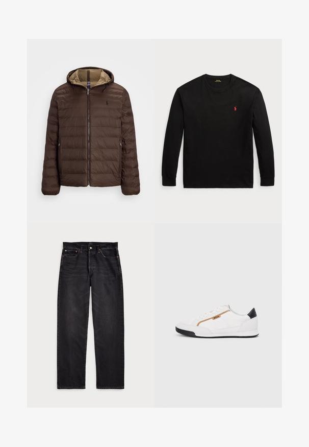 Rudas pūkinis švarkas su matinio dizaino, užtrauktuku priekyje, su kapucija ir kontrastinga smėline pamušalu. Yra mažas logotipas ant krūtinės ir elastinės rankogaliai.; Juodas ilgomis rankovėmis t-shirt, pagamintas iš medvilnės. Turi apvalų kaklą, suglebusius rankogalius ir mažą raudoną siuvinėtą logotipą ant krūtinės. Lygi tekstūra.; Juodi džinsai su tiesiu kirpimu, pasižymintys kontrastingomis siūlėmis, sagų užtrauktuku ir penkiais kišenėmis. Audinys yra tekstūruotas su lygiu paviršiumi.; Balti sportiniai bateliai su tinklinėmis ir odinėmis detalėmis. Yra auksinė "BOSS" logotipas, tekstūruoti šonai ir juodas kulno dangtelis. Guminis padas.