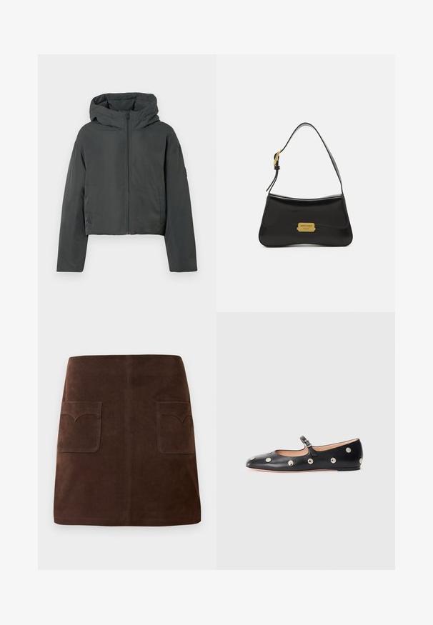 Czarna, szara krótka kurtka puchowa z kapturem, z zamkiem błyskawicznym z przodu i długimi rękawami, prezentowana na białym tle.; Beżowy sweter z golfem, z prążkowanym kołnierzem i mankietami. Miękka tekstura i luźny krój. Standardowa długość z minimalistycznym wzornictwem.; Brązowa zamszowa spódnica w klasycznym kształcie A, z dwiema przednimi kieszeniami z zaokrąglonymi klapami i subtelnymi detalami szewnymi.; Czarne skórzane buty typu Mary Jane na płaskim obcasie z zaokrąglonym czubkiem, ozdobione srebrnymi okrągłymi ćwiekami oraz regulowanym paskiem z klamrą.; Czarna skórzana torebka o zakrzywionym kształcie, z akcentem w postaci złotej płytki z logo oraz cienkim paskiem na ramię. Gładka faktura z eleganckim wykończeniem.