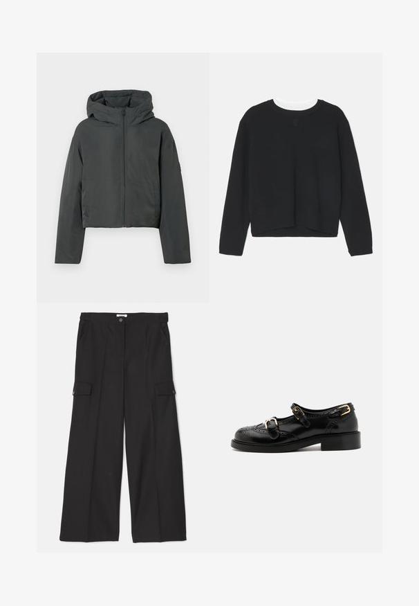 Sötétszürke, rövidített puffertájak dzseki kapucnival, elülső cipzárral és hosszú ujjakkal, fehér háttér előtt.; Fekete pulóver hosszú ujjakkal, kerek nyakkivágással és enyhén cropped aljjal. Puha anyagból készült, az elején egy diszkrét logóval.; Fekete, bő szárú nadrág sima, tartós anyagból. Elöl zsebek, valamint két cargo zseb gombos záródással.; Fekete bőrcipők brogue díszítéssel, két csattal, lekerekített orral és alacsony sarokkal. Simább felület fényes kivitelben.