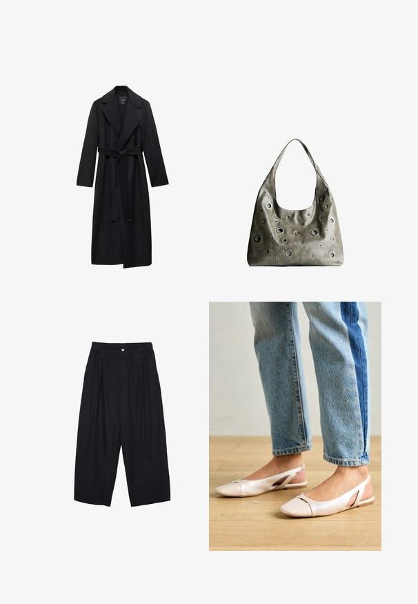 Sort uldblanding lang frakke med bælte i taljen, brede klapper og lange ærmer. Har et rent, minimalistisk design og en afslappet silhuet.; Grå cropped sweater lavet af blødt materiale, med off-shoulder design, lange ballonærmer og ribbet kant.; Sorte polyester culotte bukser med elastisk talje, to forpiber og en løs silhuet. Ingen synlige mønstre eller hardware detaljer.; Lyserøde slingback flade sko med spidse tær, lavet af et glat læderlignende materiale. Har udskæringsdetaljer på siderne og en flad hæl.; Oliven grøn læderhåndtaske med et slouchy design, der har forskellige størrelser af cirkulære udskæringer og accenter i mørkere og lysere nuancer.